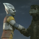 Jet Jaguar and Godzilla exchange a friendly handshake in 1973's Godzilla vs. Megalon.